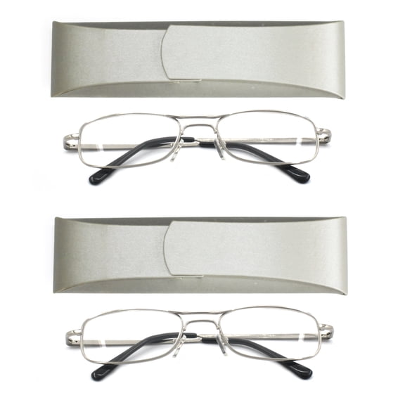 EYE ZOOM Reading Glasses 2 Pack Extra Wild Metal Readers Spring Hinge with Hard Case for Men and Women(Silver, Strength + 1.50)