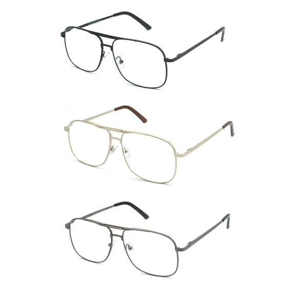 EYE ZOOM Reading Glasses 3 Pack Metal Frame Square Aviator Style Geek Readers for Men, Black, Gold and Gunmetal, +1.25