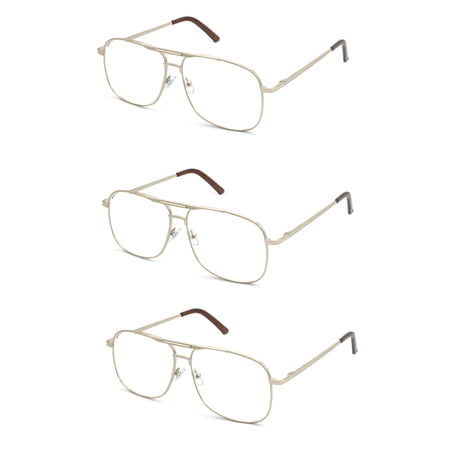 EYE ZOOM Reading Glasses 3 Pack Metal Frame Square Aviator Style Geek Readers for Men (Gold, +1.00)