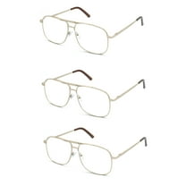 EYE ZOOM Reading Glasses 3 Pack Metal Frame Square Aviator Style Geek Readers for Men (Gold,  1.75)
