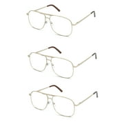 EYE ZOOM Reading Glasses 3 Pack Metal Frame Square Aviator Style Geek Readers for Men Gold, +1.75