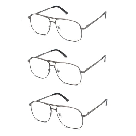 EYE ZOOM Reading Glasses 3 Pack Metal Frame Square Aviator Style Geek Readers for Men (Gunmetal, +1.25)