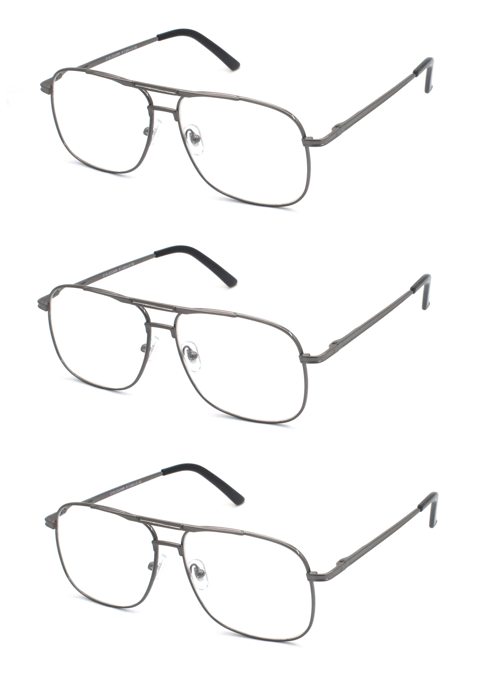EYE ZOOM Reading Glasses 3 Pack Metal Frame Square Aviator Style Geek