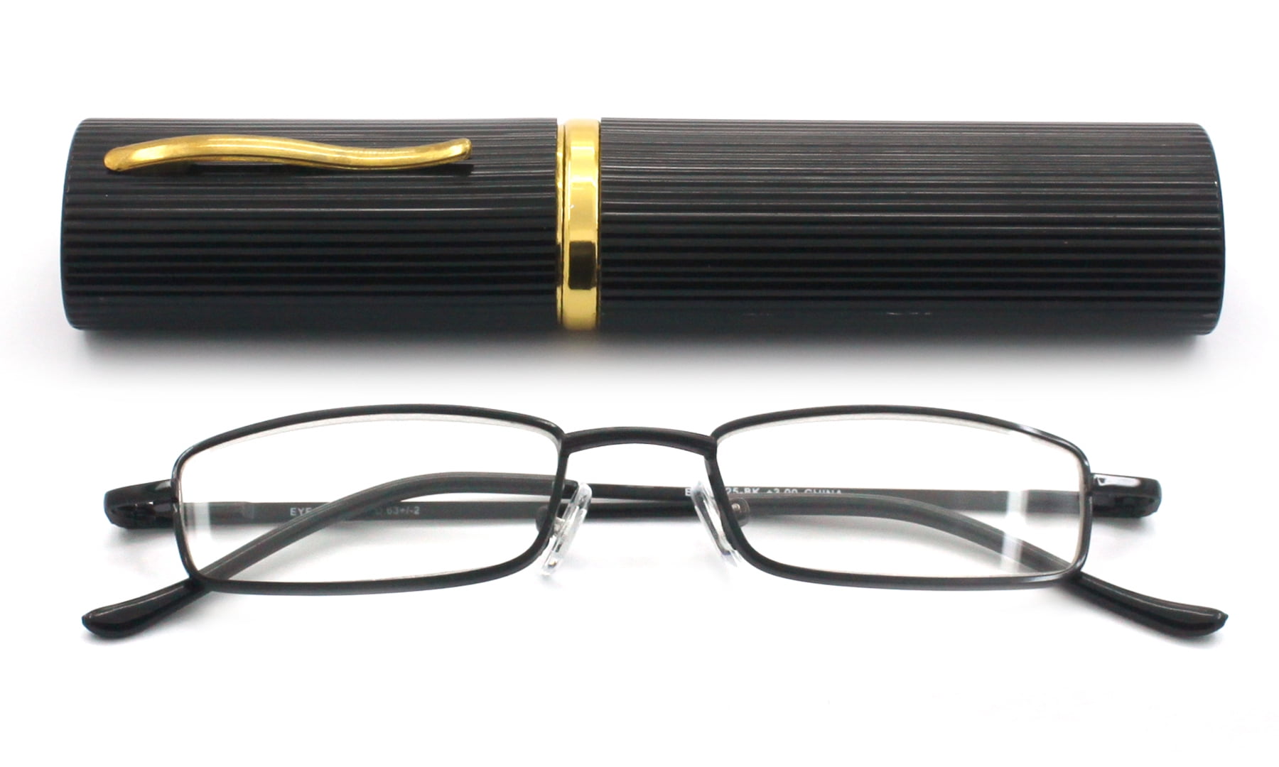 EYE ZOOM Ultra Slim Compact Tube Reading Glasses with Lightweight Portable Clip Case, Black +2.