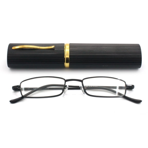 EYE ZOOM Ultra Slim Compact Tube Reading Glasses with Lightweight Portable Clip Case, Black +2.75