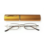 EYE ZOOM Ultra Slim Compact Tube Reading Glasses with Lightweight Portable Clip Case, Gold +1.00