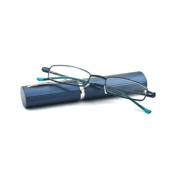 EYE ZOOM Ultra Slim Compact Tube Reading Glasses with Lightweight Portable Clip Case, Navy Blue +2.50