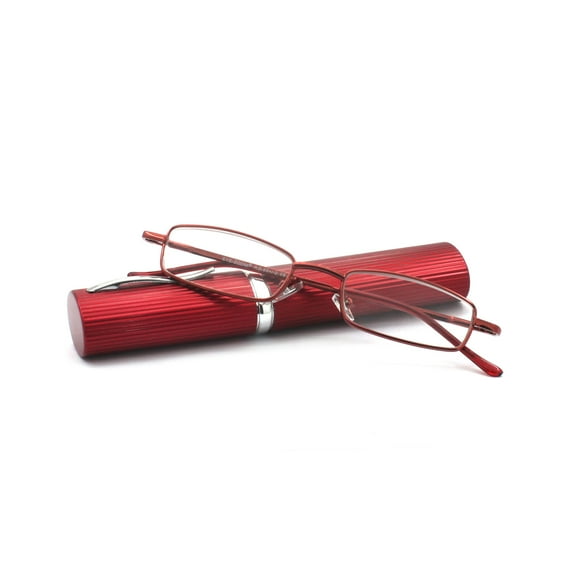 EYE ZOOM Ultra Slim Compact Tube Reading Glasses with Lightweight Portable Clip Case, Wine Red +1.00