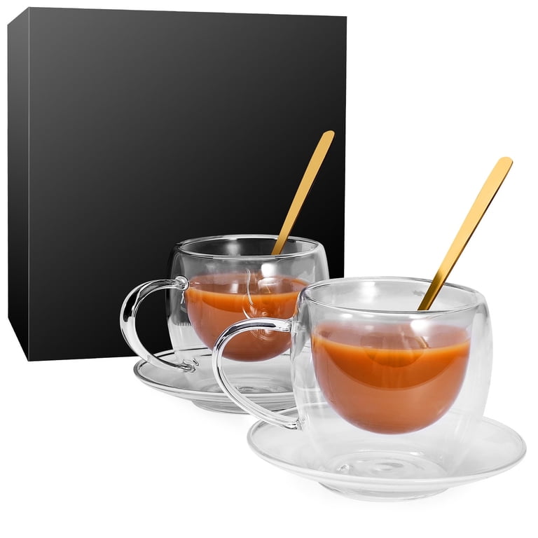 EYE4TECHS Clear Glass Coffee Cups with Spoons in a Luxurious Gift Box Set  of 2 Pieces - 5.5oz in Sizes Double Wall Insulated Reusable Cups for Home  Cafe Restaurant - Best Gift