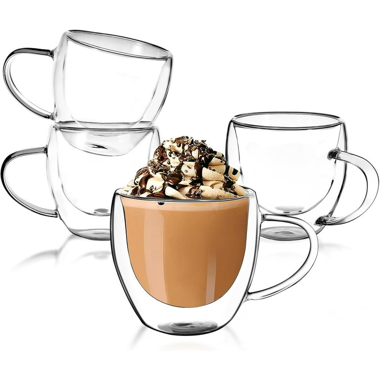 EYE4TECHS Clear Glass Double Wall Insulated Round Coffee Mugs Set of 4  Pieces - Small Size 5.5oz Best Reusable Coffee Mug for Home Cafe Restaurant  Perfect for Espresso Capucinno Lungo Latte Coffee -