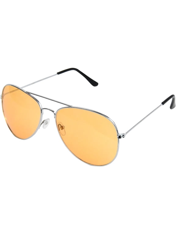 Night Driving Yellow Unisex Aviator Sunglasses, Silver