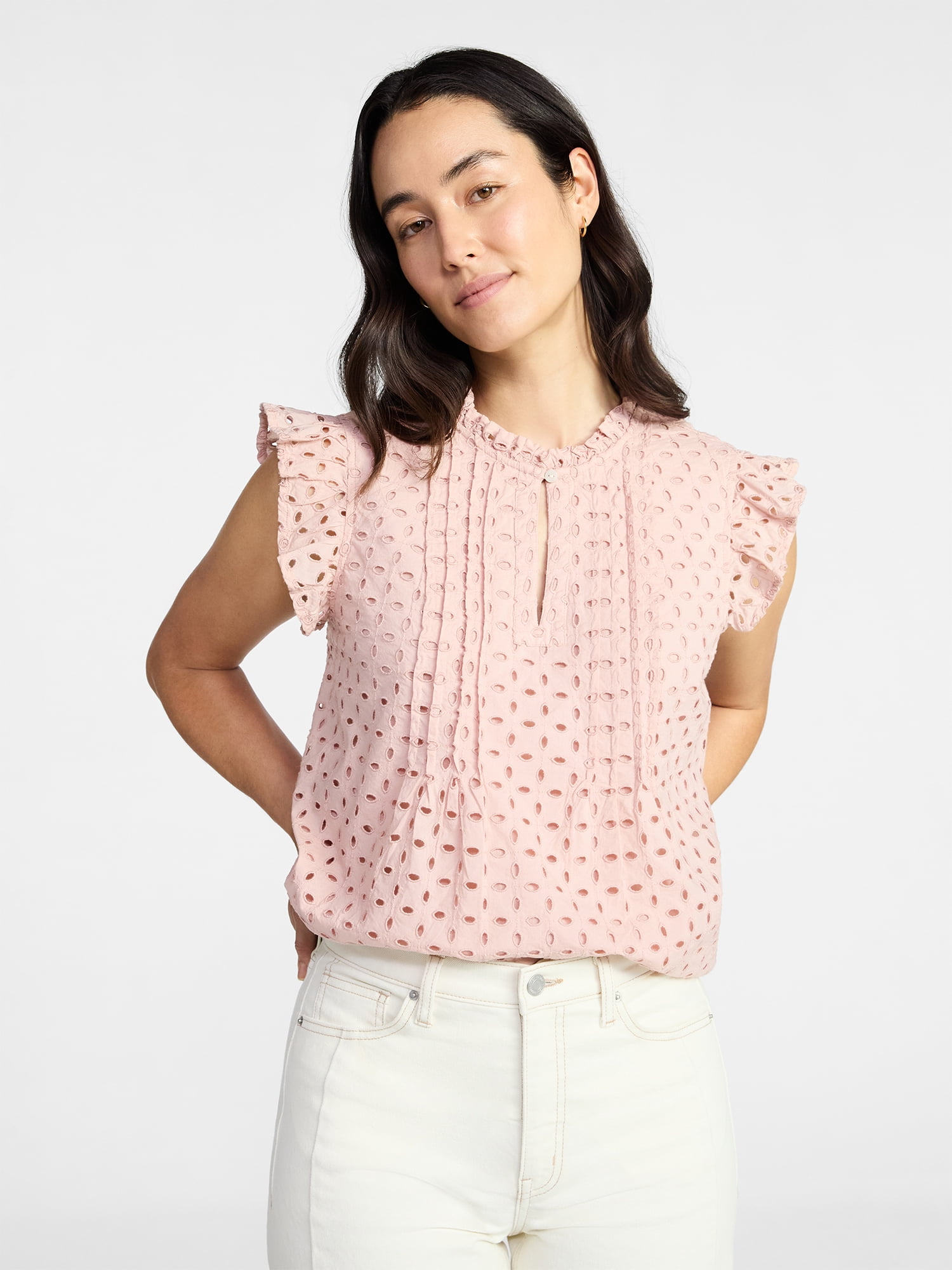 Time and Tru Women's Cotton Eyelet Top with Short Flutter Sleeves, Sizes XS-XXXL