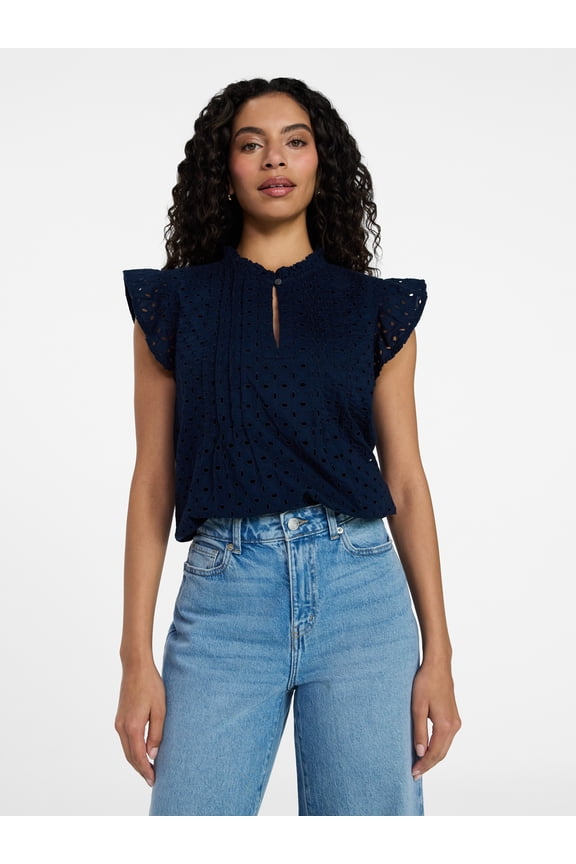 Women's Cotton Eyelet Top with Short Flutter Sleeves, Sizes XS-XXXL