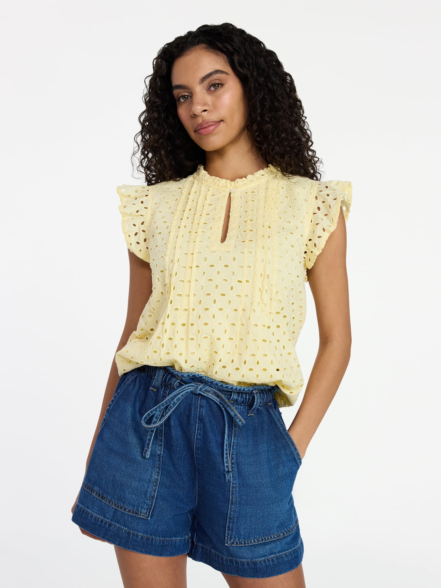 Time and Tru Women's Cotton Eyelet Top with Short Flutter Sleeves, Sizes XS-XXXL