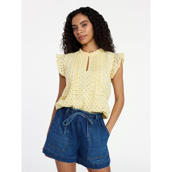 Time and Tru Women's Cotton Eyelet Top with Short Flutter Sleeves, Sizes XS-XXXL