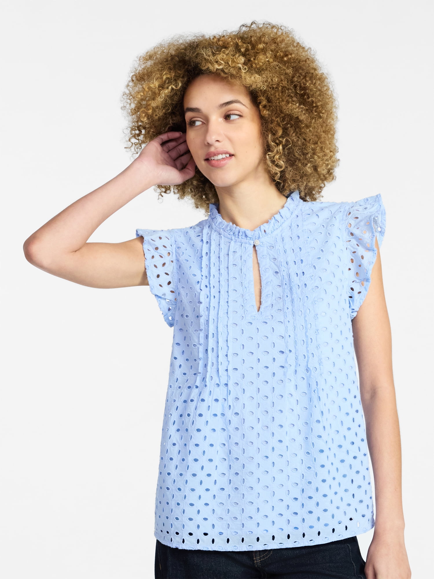 Time and Tru Women's Cotton Eyelet Top with Short Flutter Sleeves, Sizes XS-XXXL