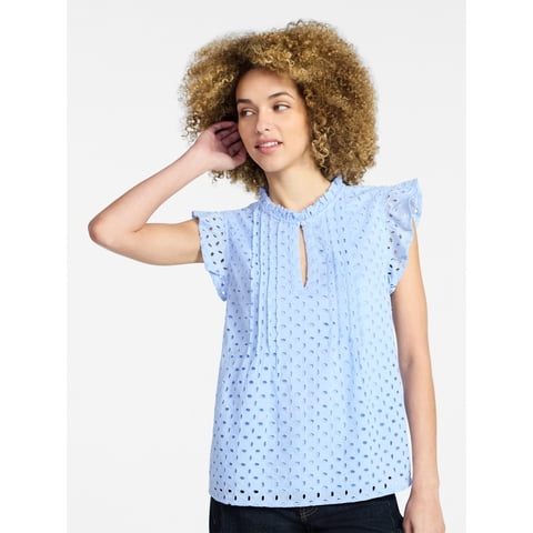 Women's Cotton Eyelet Top with Short Flutter Sleeves, Sizes XS-XXXL