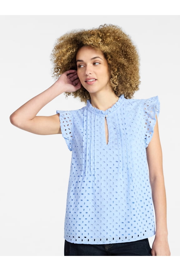Women's Cotton Eyelet Top with Short Flutter Sleeves, Sizes XS-XXXL