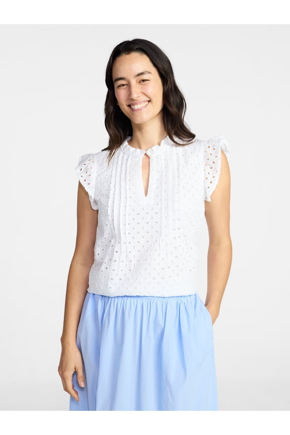 Women's Cotton Eyelet Top with Short Flutter Sleeves, Sizes XS-XXXL