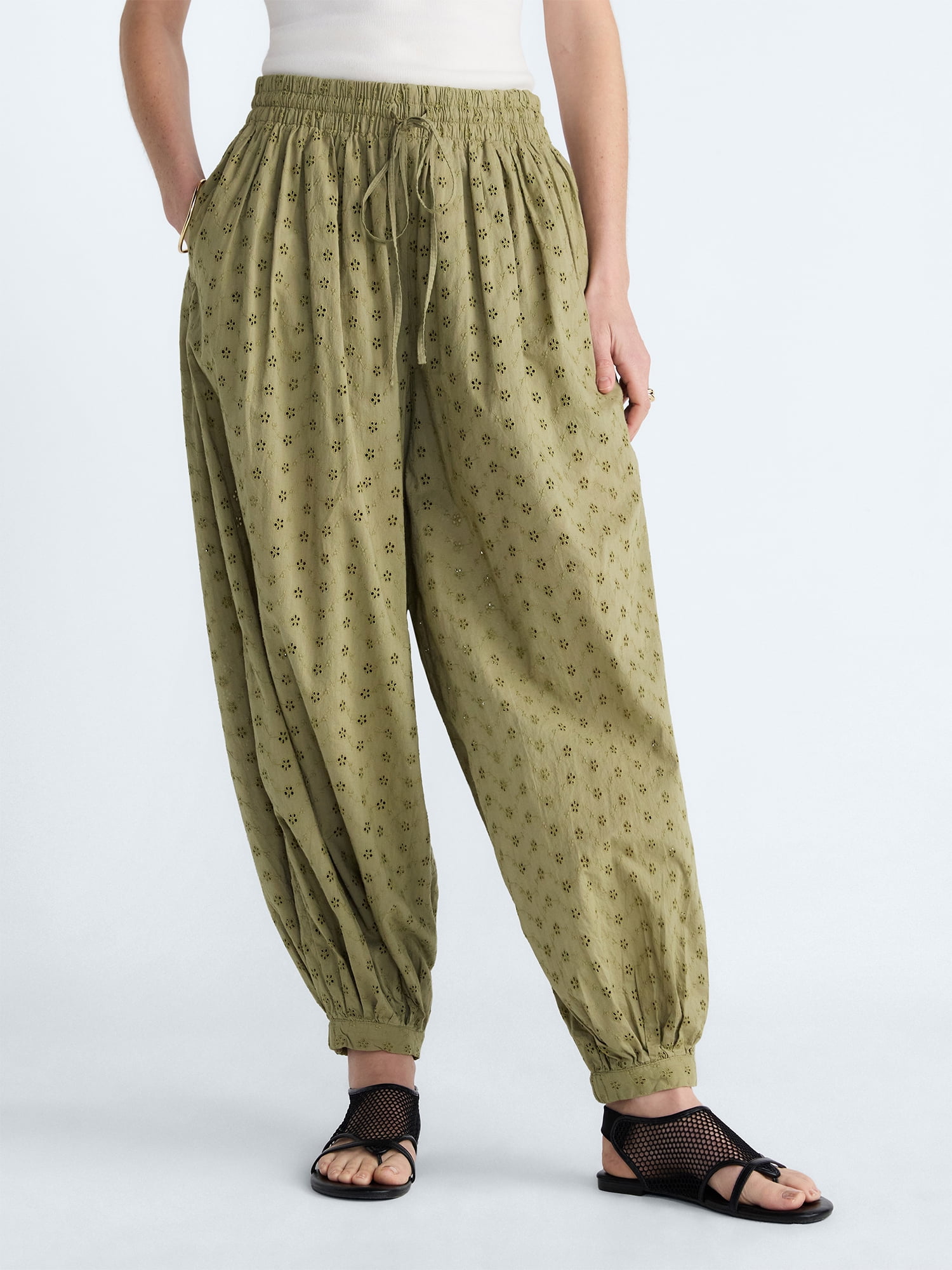 Scoop Women's and Women's Plus Eyelet Harem Cotton Pants, Sizes XS