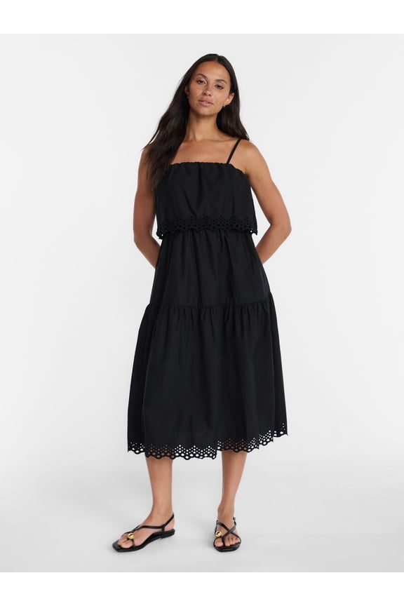 Women's and Women's Plus Sleeveless Cotton Midi Dress with Eyelet Trim, Sizes XS-4X