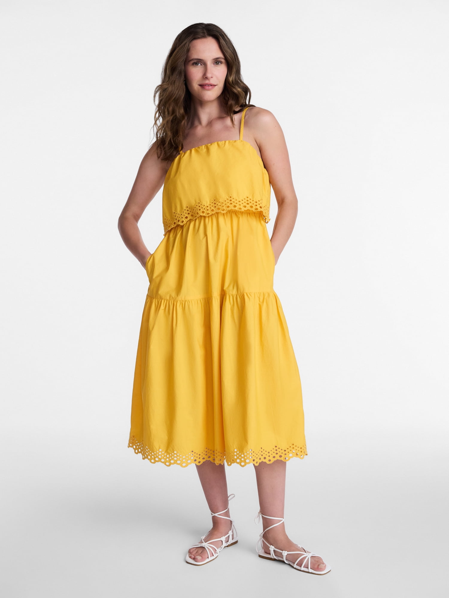 Time and Tru Women's and Women's Plus Sleeveless Cotton Midi Dress with Eyelet Trim, Sizes XS-4X
