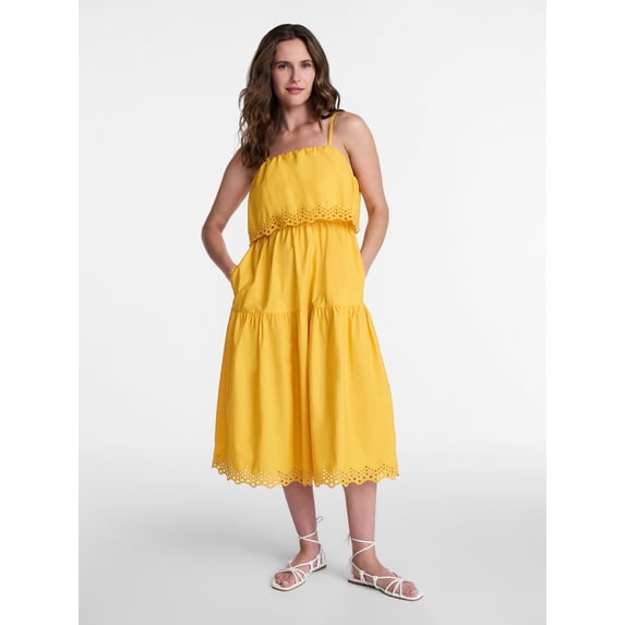 Time and Tru Women's Sleeveless Cotton Midi Dress with Eyelet Trim, Sizes XS-4X