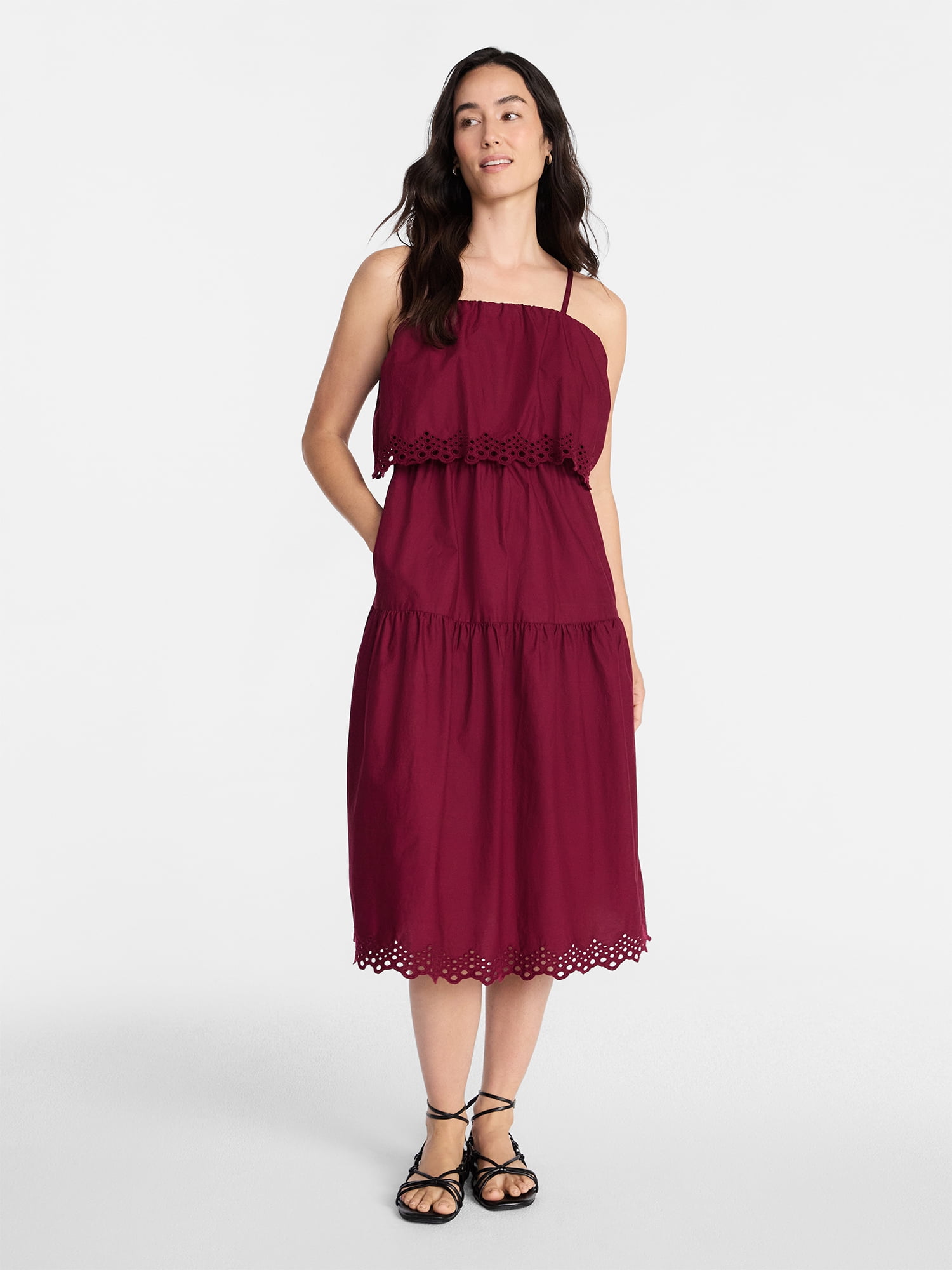 Time and Tru Women's and Women's Plus Sleeveless Cotton Midi Dress with Eyelet Trim, Sizes XS-4X