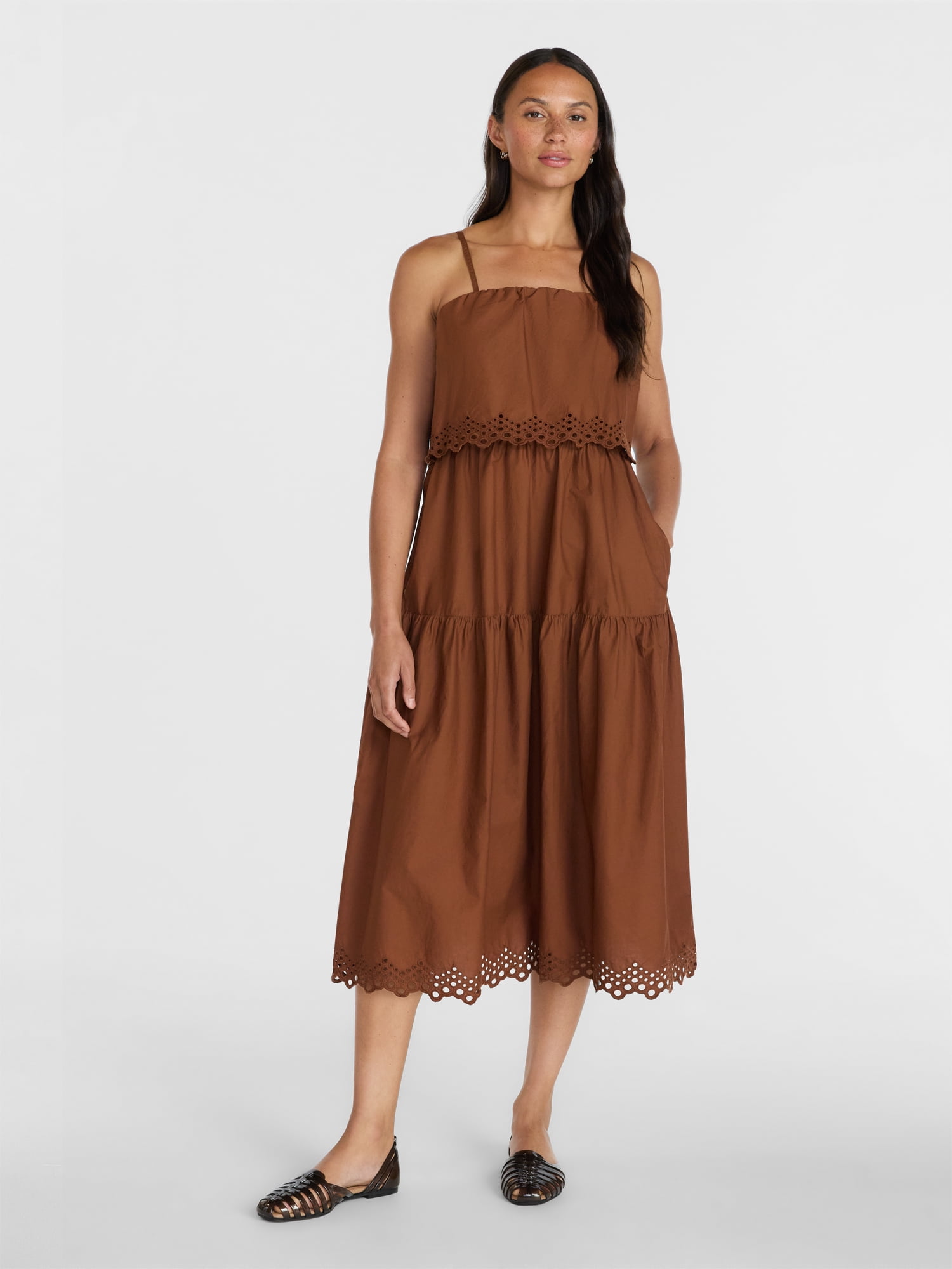 Time and Tru Women's and Women's Plus Sleeveless Cotton Midi Dress with Eyelet Trim, Sizes XS-4X
