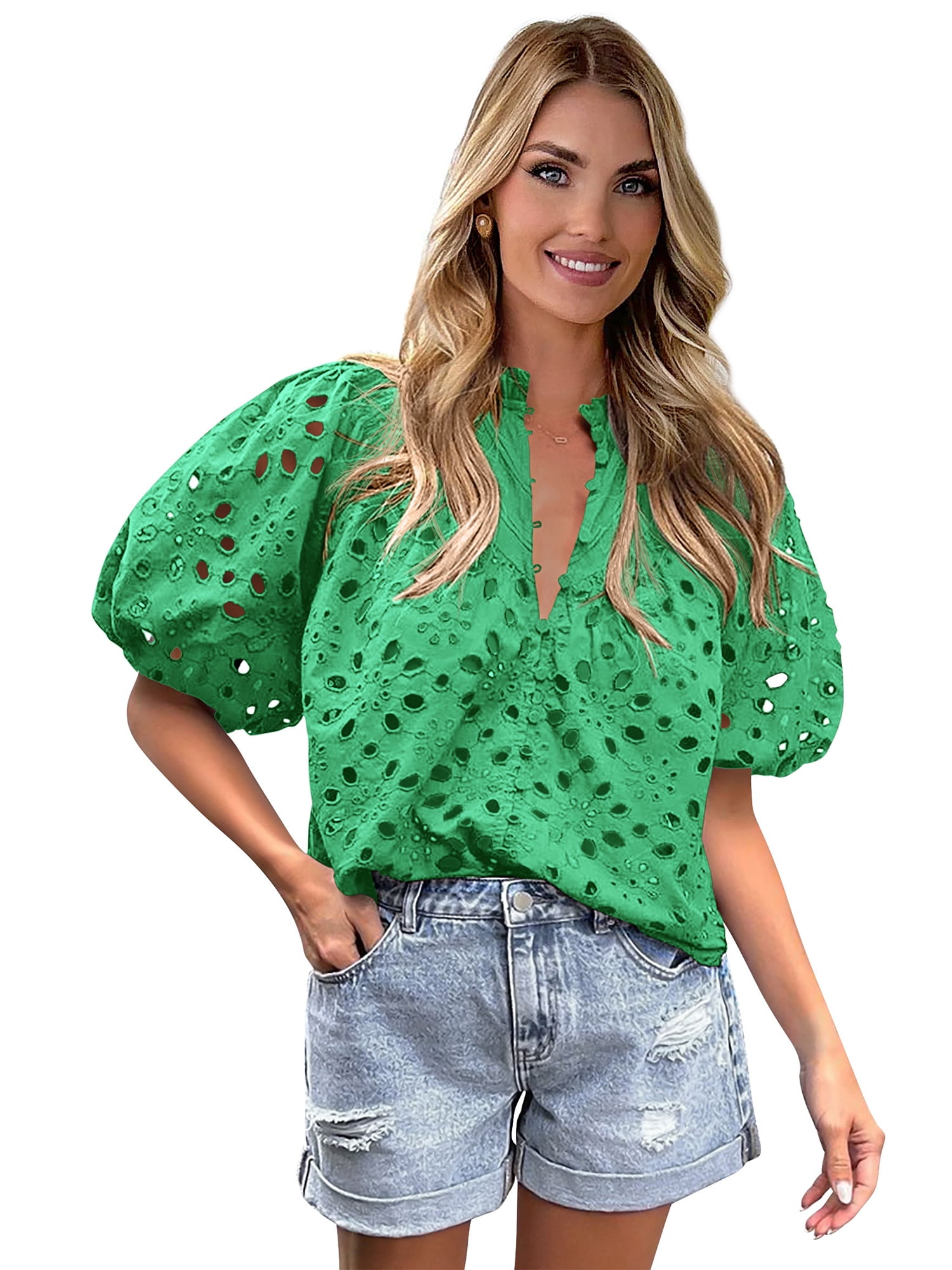 Eyelet Long Sleeve Blouse with Elastic Cuffs main image 0
