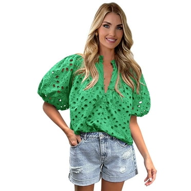 PRETTYGARDEN Women's Cotton Eyelet Blouse with Puff Sleeves, Sizes S-XXL