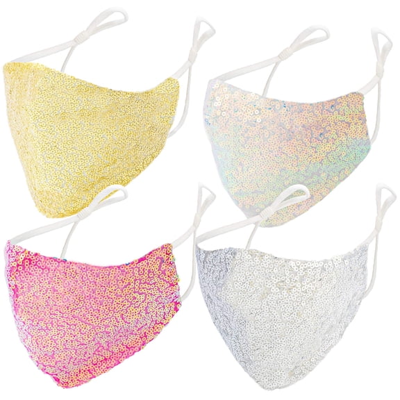 EYELOV 4 PACK Solid Sequin Face Covers with Adjustable Elastic Ear Loop Cover Full Face Anti-Dust, Unisex, Washable and Reusable (Solid)