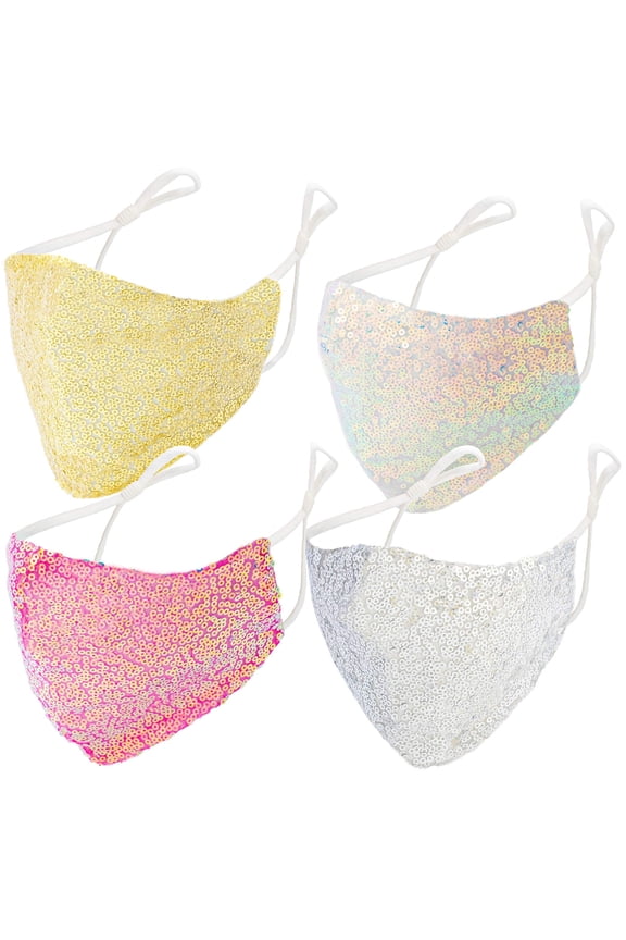 4 PACK Solid Sequin Face Covers with Adjustable Elastic Ear Loop Cover Full Face Anti-Dust, Unisex, Washable and Reusable (Solid)
