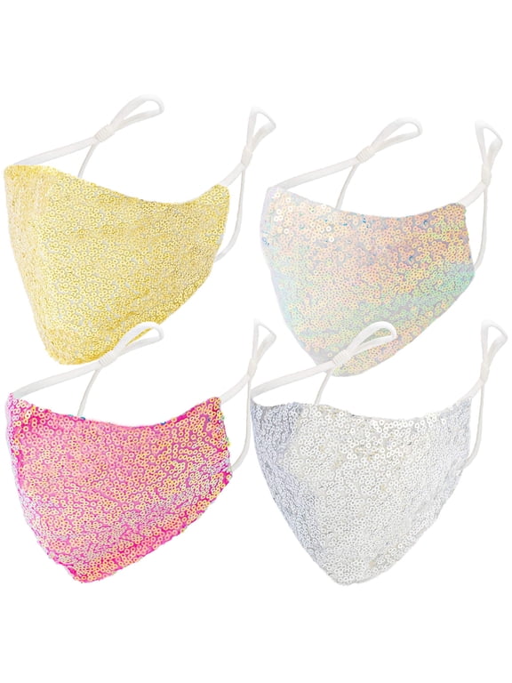 4 PACK Solid Sequin Face Covers with Adjustable Elastic Ear Loop Cover Full Face Anti-Dust, Unisex, Washable and Reusable (Solid)