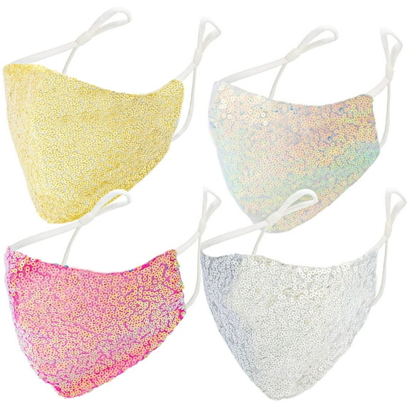 EYELOV 4 PACK Solid Sequin Face Covers with Adjustable Elastic Ear Loop Cover Full Face Anti-Dust, Unisex, Washable and Reusable (Solid)