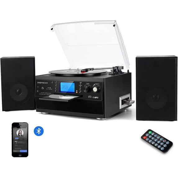 EYESEN Record Player Bluetooth Turntable with Stereo Speaker, CD Player, Cassette, Radio, Aux in and SD Encoding, Remote Control, Audio Music Player Built in Amplifier
