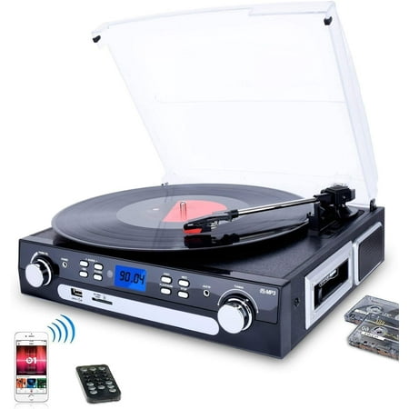 EYESEN Vinyl/LP Turntable Record Player,Bluetooth, AM&FM Radio, Cassette Tape, Aux in, SD Encoding & Playing MP3/ Built-in Stereo Speakers, 3.5mm Headphone Jack, Remote and LCD