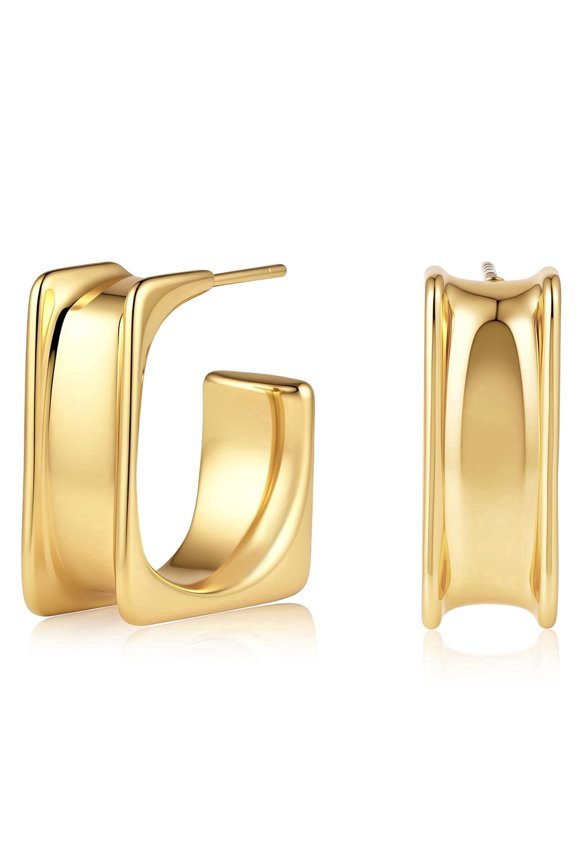 Small Chunky Hoop Earrings for Women, 18K Gold Plated Open Square with Hypoallergenic S925 Silver Posts for Sensitive Ears