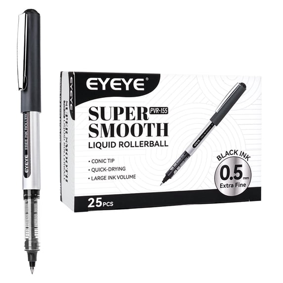 EYEYE 0.5mm Black Rollerball Pens 25 Pack, Extra Fine Point Roller Ball Pen Quick Dry, Liquid Ink Pens Fine Point Smooth Writing Pen for Journaling, Note Taking, Office Supplies