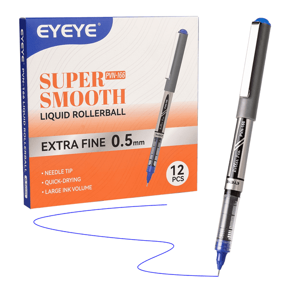 EYEYE 0.5mm Blue Pens Needle Roller Ball, 12 Pack Rollerball Pen Extra Fine Point Quick Dry, Liquid Ink Pens Fine Point Smooth Writing Pen for Journaling, Note Taking, Office, Supplies