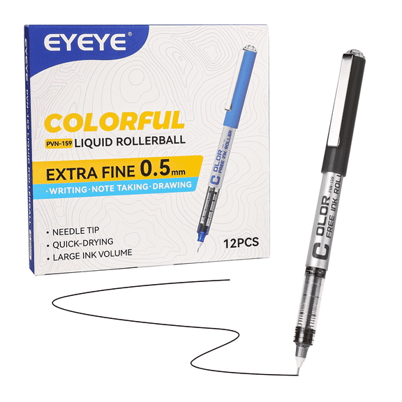 EYEYE Black Rollerball Pens 0.5mm Needle Tip, 12 Pack Extra Fine Point Roller Ball Pen Quick Dry, Liquid Ink Pens Fine Point Smooth Writing Pen for Journaling, Note Taking, Office Supplies