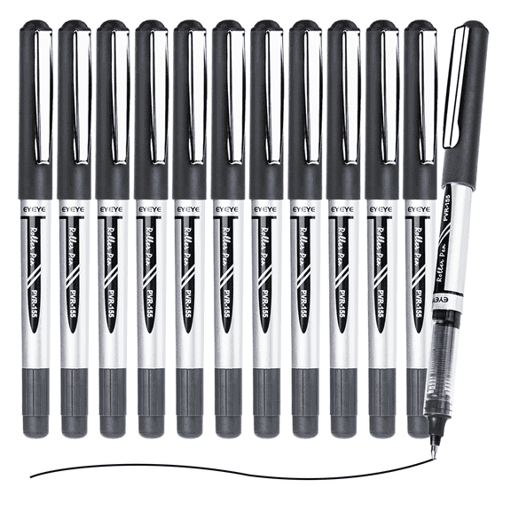 EYEYE Black Rollerball Pens 12 Pack, 0.7mm Medium Point Roller Ball Pen Quick Dry, Liquid Ink Pens Fine Point Smooth Writing Pens for Journaling, Note Taking Office Supplies