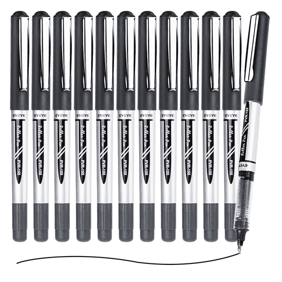 EYEYE Black Rollerball Pens 12 Pack, 0.7mm Medium Point Roller Ball Pen Quick Dry, Liquid Ink Pens Fine Point Smooth Writing Pens for Journaling, Note Taking Office Supplies