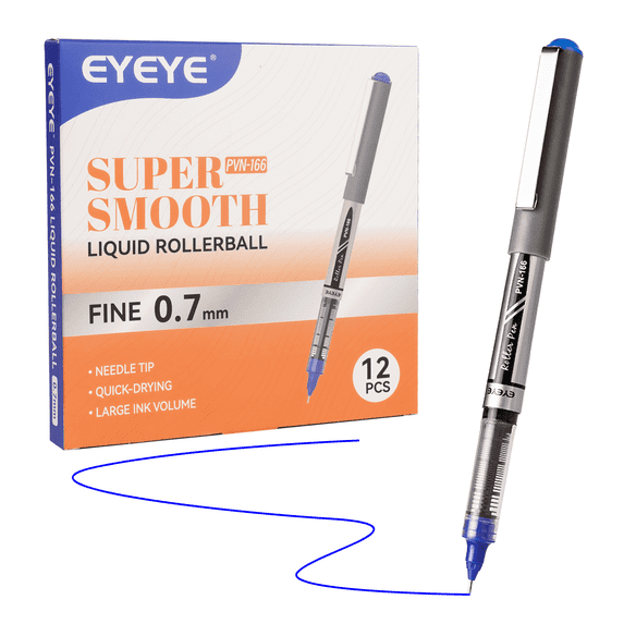 EYEYE Blue Pens Needle Tip 12 Pack Rollerball Pen 0.7mm Medium Point Quick Dry, Liquid Ink Pens Fine Point Smooth Writing Pen for Journaling, Note Taking, Office, Supplies