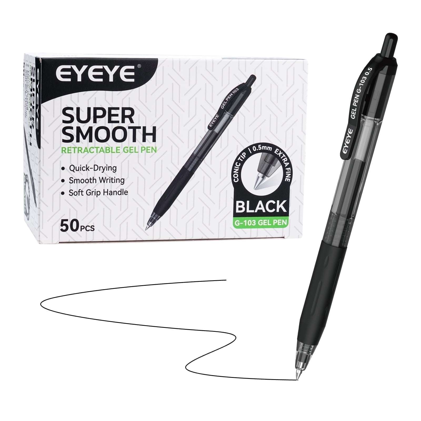EYEYE G-103 Retractable Gel Pens Black 50 Pack, 0.5mm Extra Fine Point Ink Pen Quick Dry, Ballpoint Pen Fine Point Smooth Writing Pens for Office Supplies