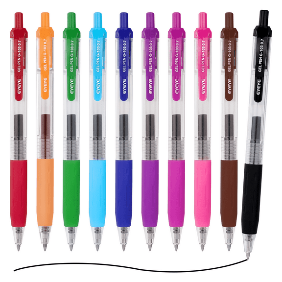 EYEYE G-103 Retractable Gel Pens Medium Point, Pack of 10 Assorted Colours 0.7mm Gel Ink Pen Quick Dry, Ballpoint Pen Fine Point Smooth Writing Pens for for Office