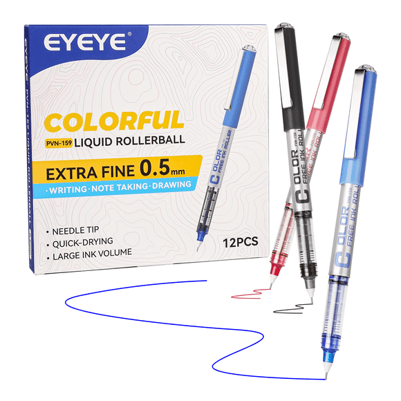 EYEYE Needle Rollerball Pens 0.5mm, 12 Pack 3 Colors Extra Fine Point Roller Ball Pen Quick Dry, Liquid Ink Pens Fine Point Smooth Writing Pen for Journaling, Note Taking, Office Supplies