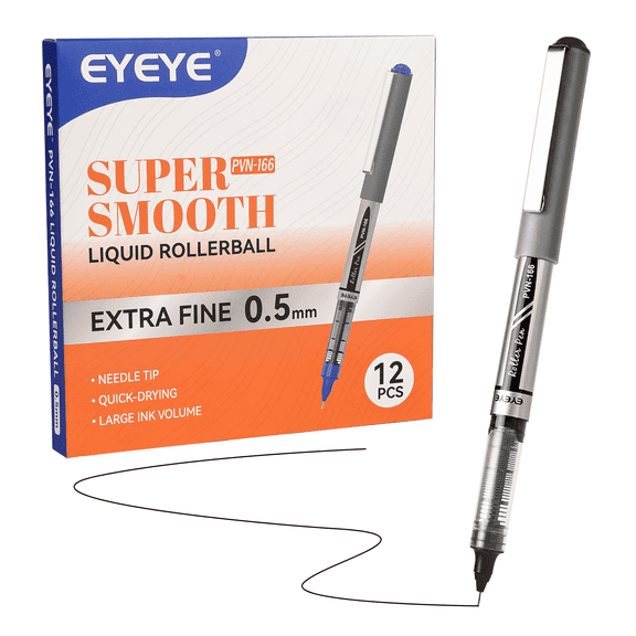 EYEYE Needle Rollerball Pens Extra Fine Point 12 Pack, 0.5mm Black Pen Quick Dry, Liquid Ink Pens Fine Point Smooth Writing Pen for Journaling, Note Taking, Office Supplies