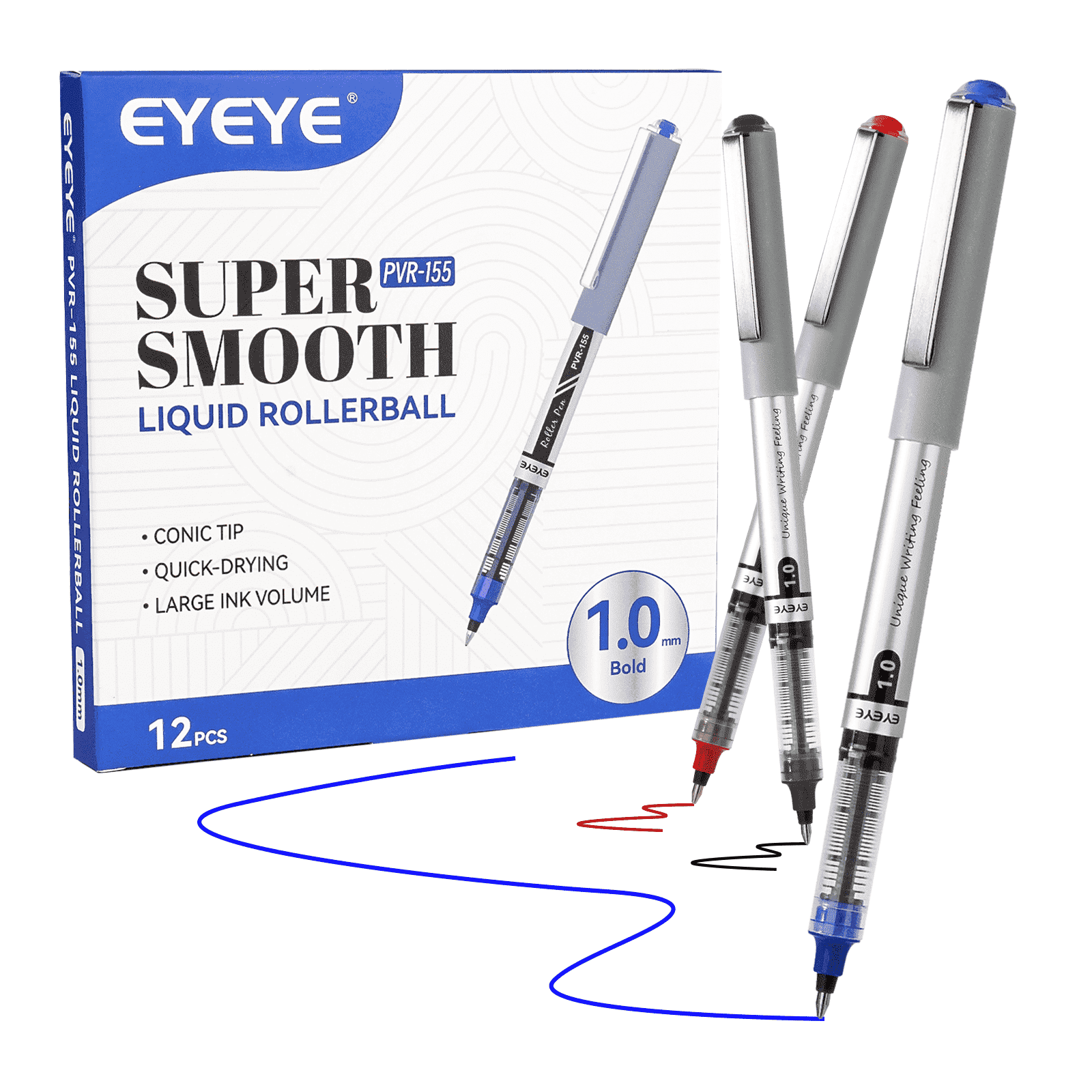 EYEYE 0,7 mm blauwe pennen rollerbal, 12 stuks medium punt rollerball pen sneldrogend, vloeibare inkt pennen fijne punt gladde schrijfpen voor journaling, notities maken, kantoor, schoolbenodigdheden