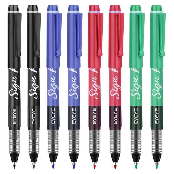 EYEYE Sign Pens 8 Pack (Black Blue Red Green)- 1.0mm Nib Tip - 0.6mm Line, Liquid Ink Sign Pen Smooth Writing - Fineliner Marker Pens Quick Drying